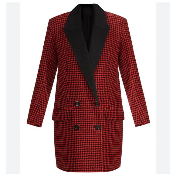 Veronica Senna Red Houndstooth Wool Double Breasted Long Coat Jacket size 4 - Picture 3 of 13